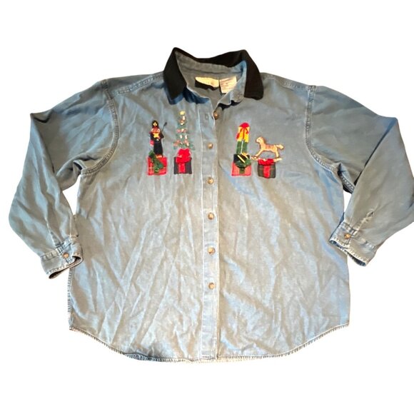 Vintage 90's Denim Holiday Button-Up Shirt XL Christmas Embroidered Nutcracker - Picture 1 of 7